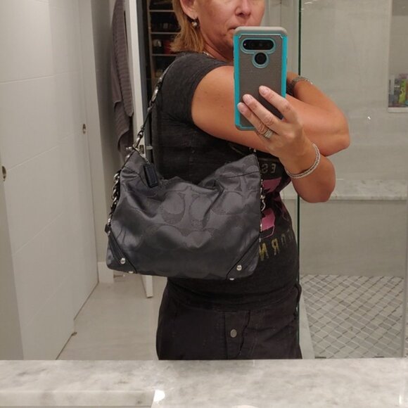 Coach Carly Signature Lurex Small Shoulder Silver/Steel Canvas Hobo Bag - Picture 8 of 8